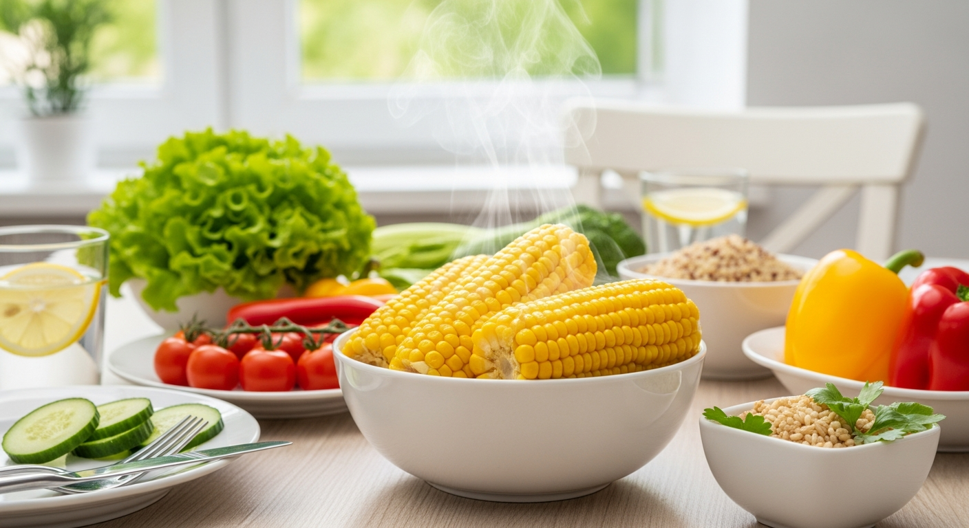 トウモロコシの栄養成分と健康効果を表現する画像。