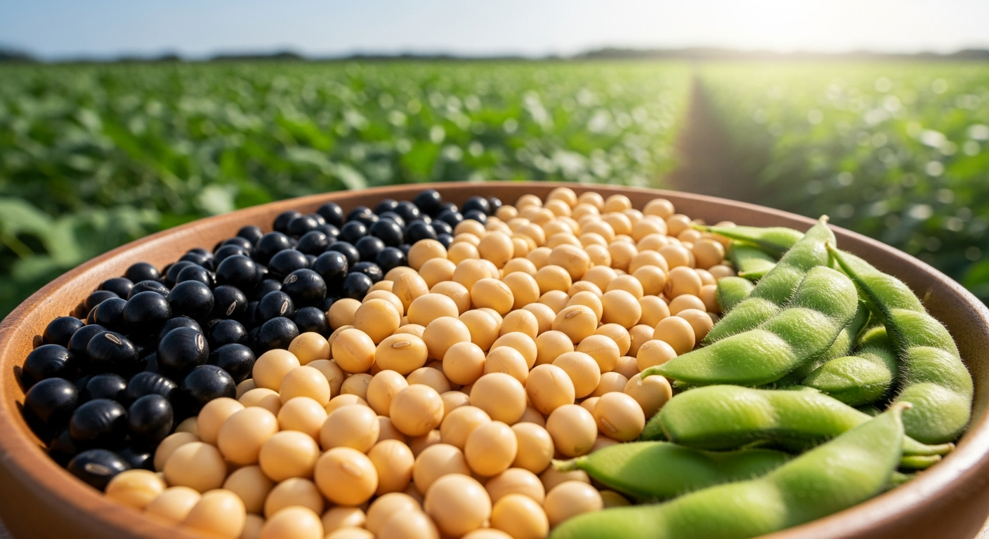 様々な種類の大豆が木製のボウルに入っている様子。