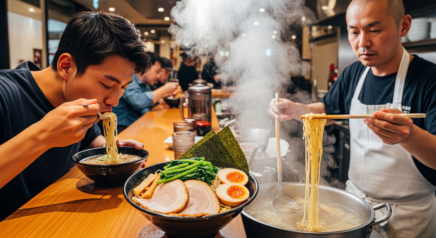 現代的なラーメン店のカウンター席で、20代の日本人男性がラーメンを美味しそうに食べている明るい画像。