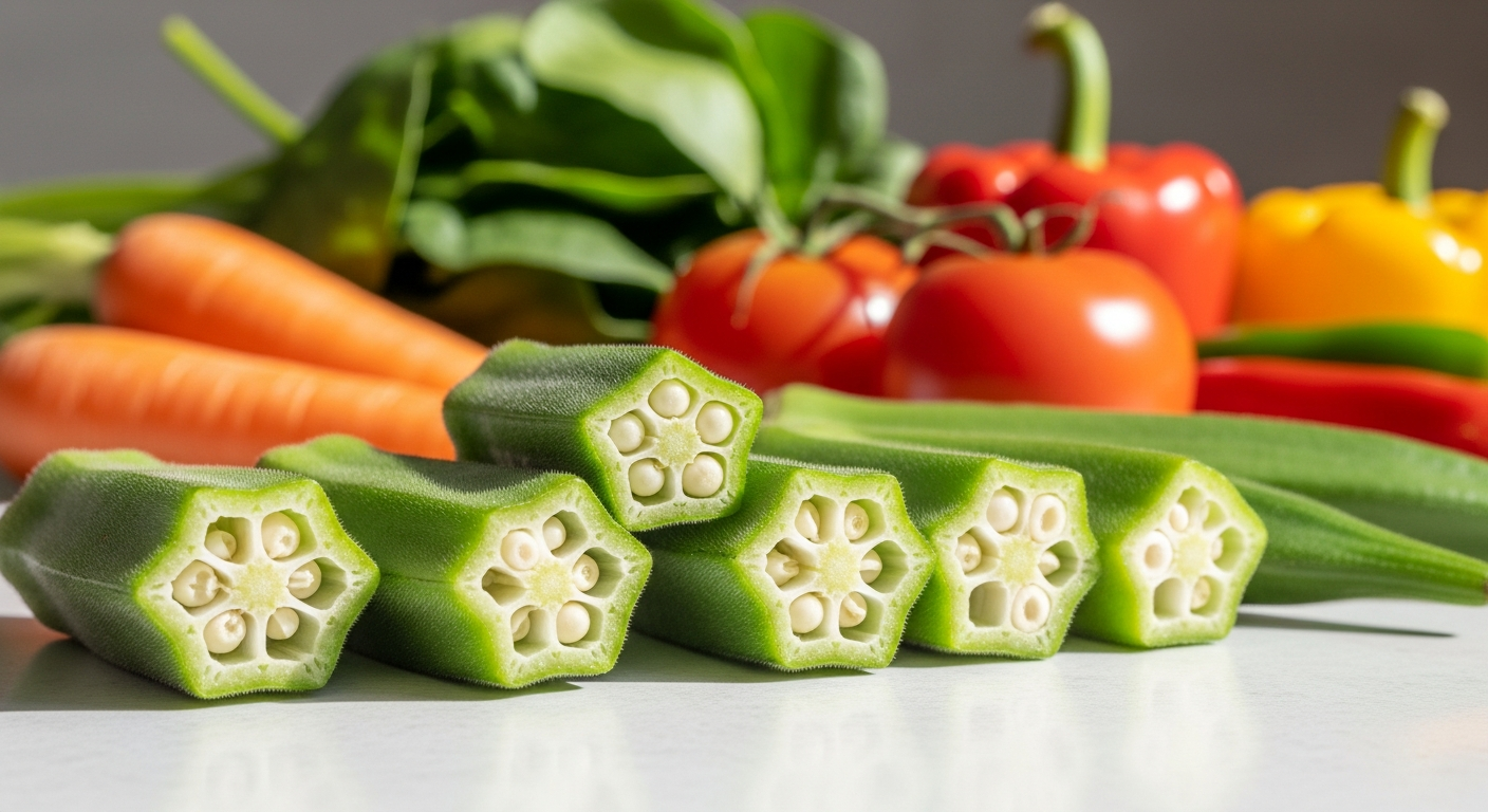 新鮮なオクラの栄養成分を表現した明るい画像。