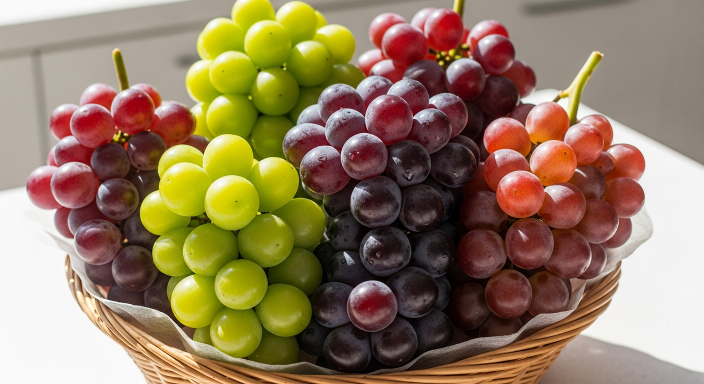 様々な品種のぶどうが一つのかごに美しく盛られている様子。