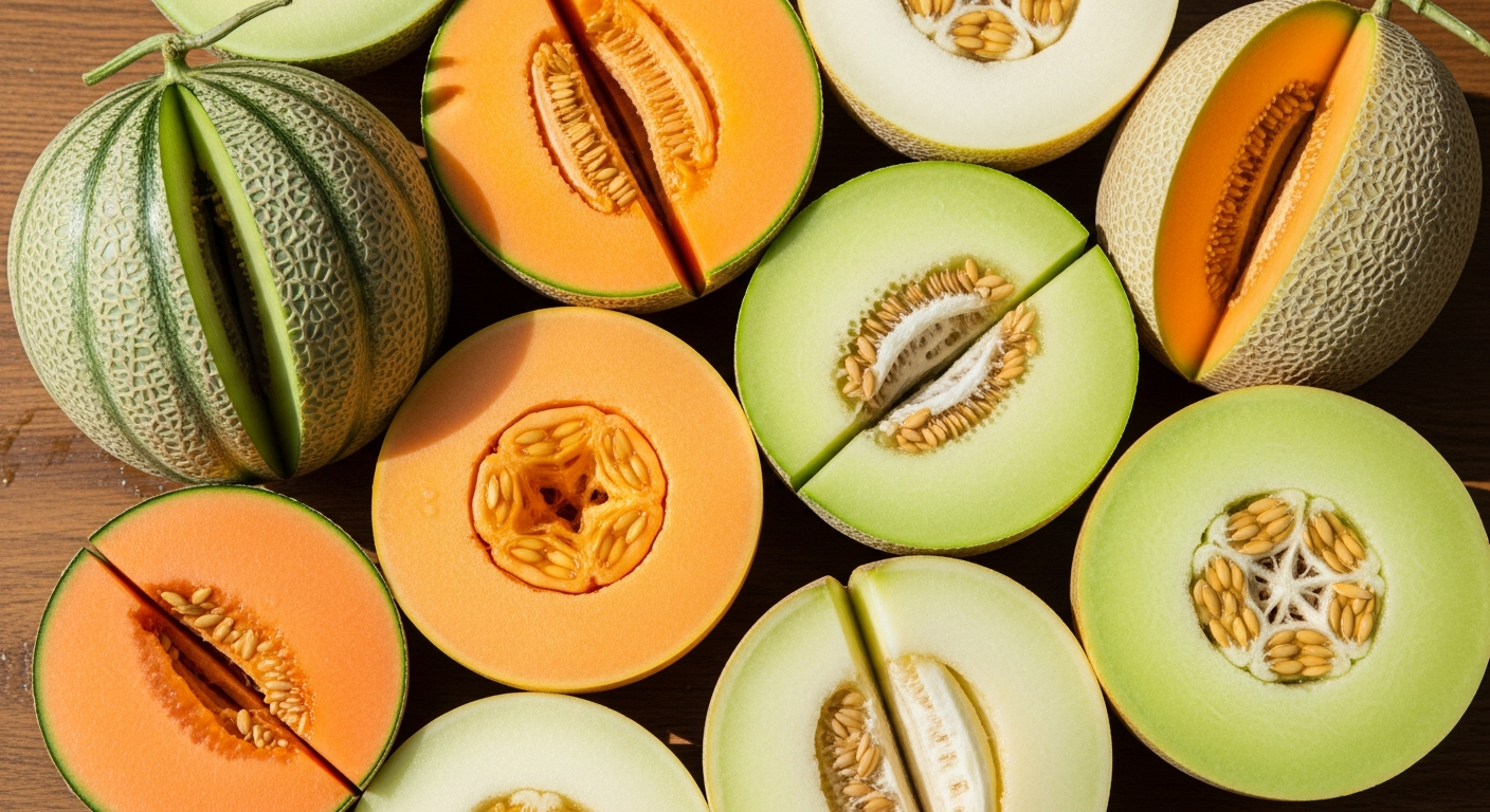 様々な種類のメロンが断面図で並んでいる様子。