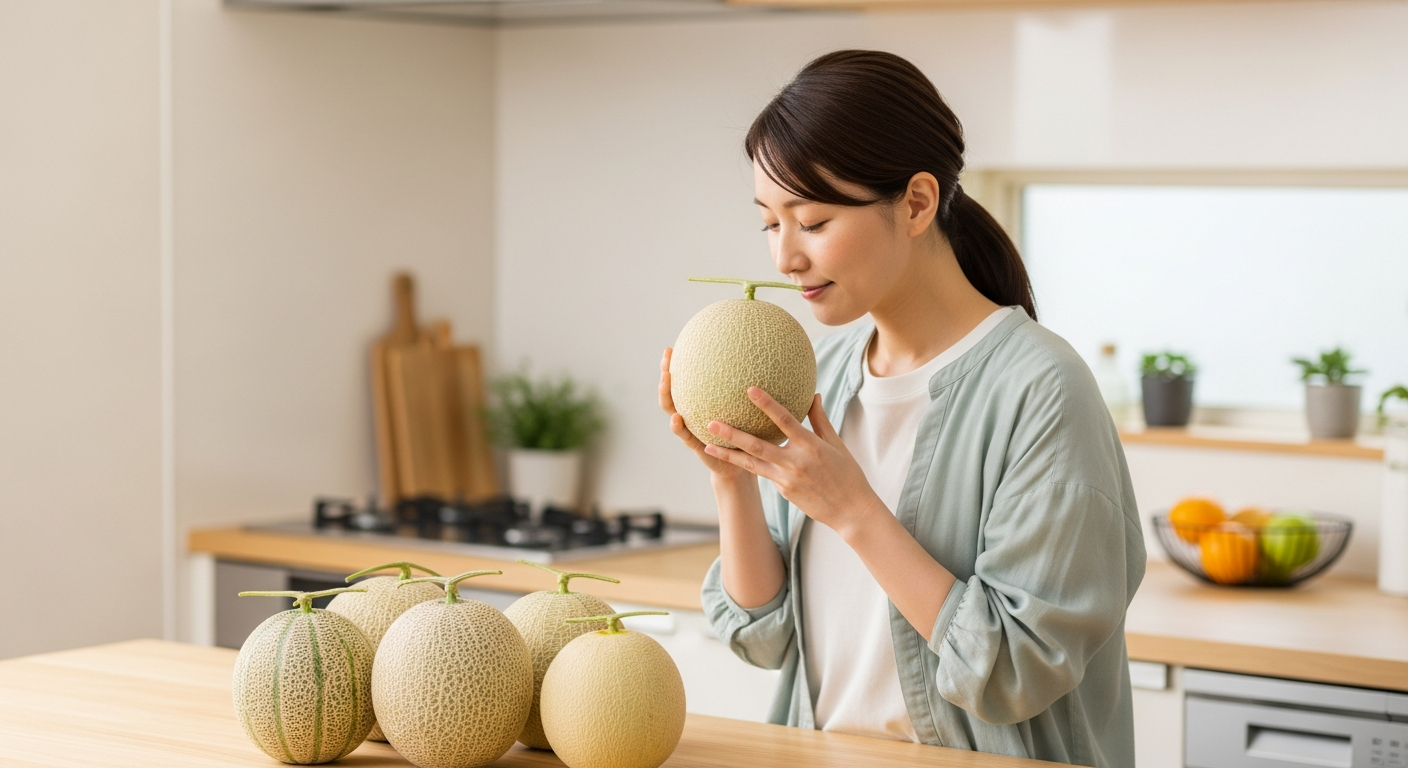 30代の日本人女性がキッチンで新鮮なメロンを手に取って選んでいる様子。
