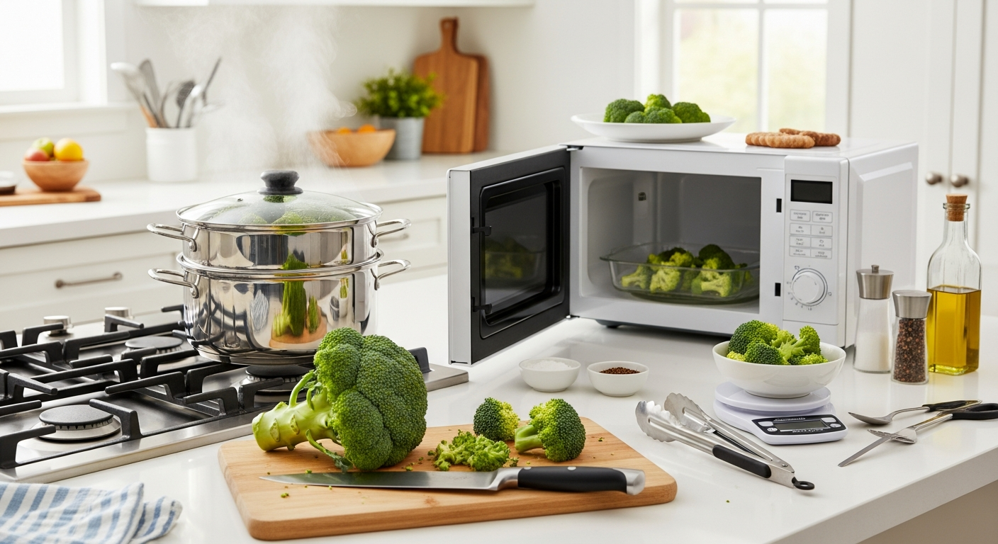 キッチンでブロッコリーを調理している様子。