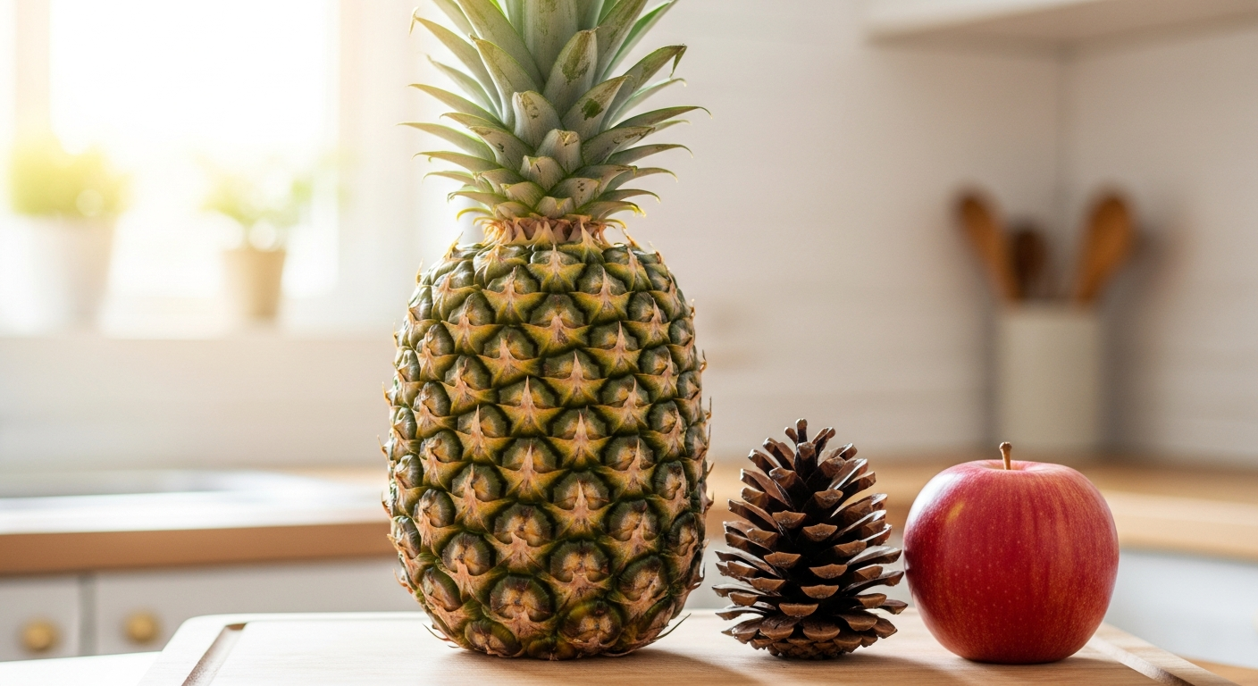 木製のまな板の上に新鮮なパイナップル一個が置かれ、その隣に名前の由来を表すように松ぼっくりとリンゴが並んでいる。
