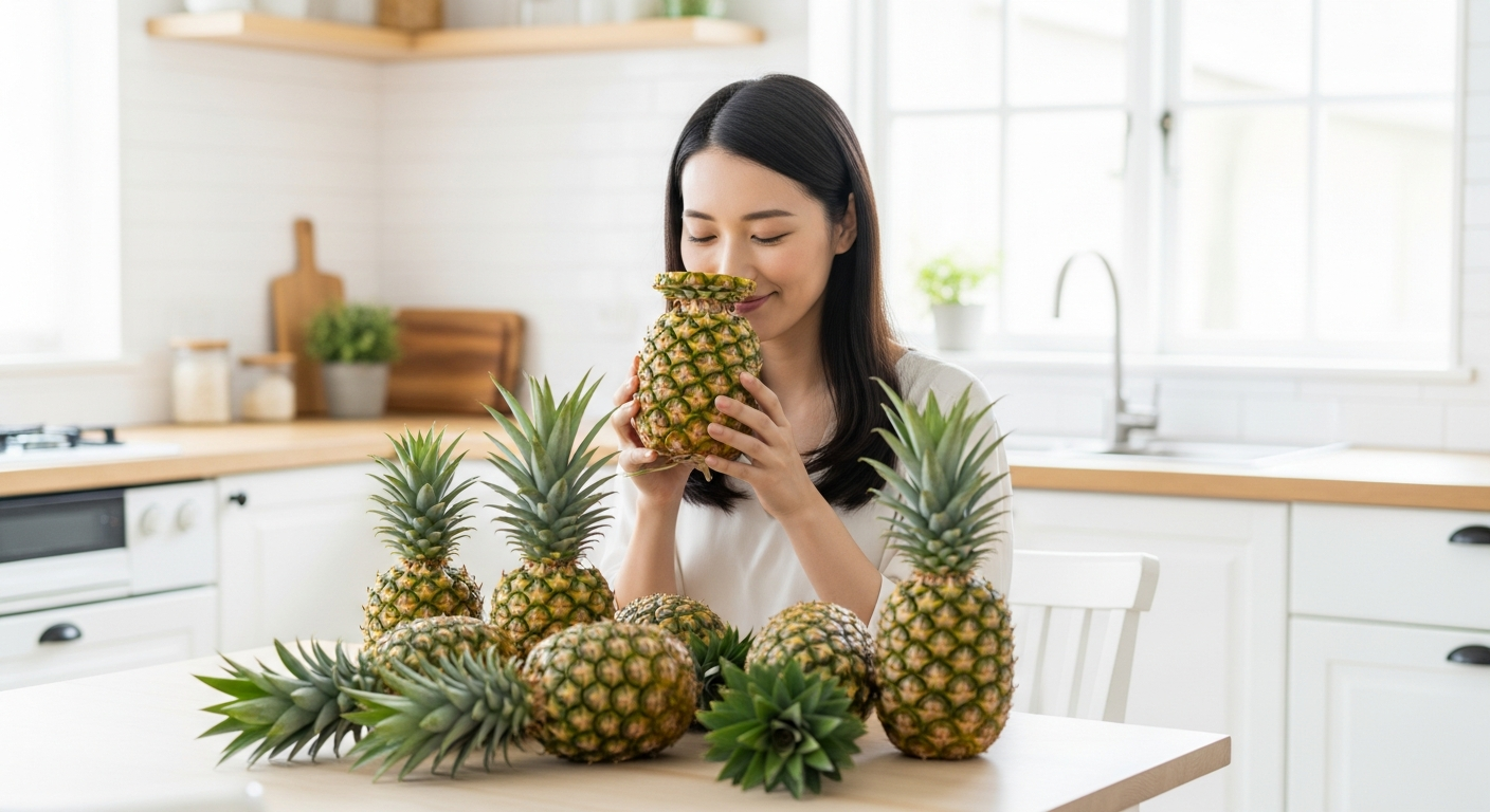明るいキッチンで20代の日本人女性が笑顔でパイナップルを選んでいる様子。
