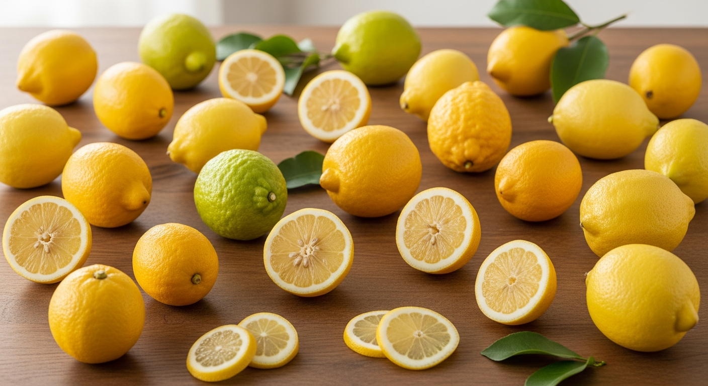 様々な品種のレモンが木製のテーブルに並べられている様子。
