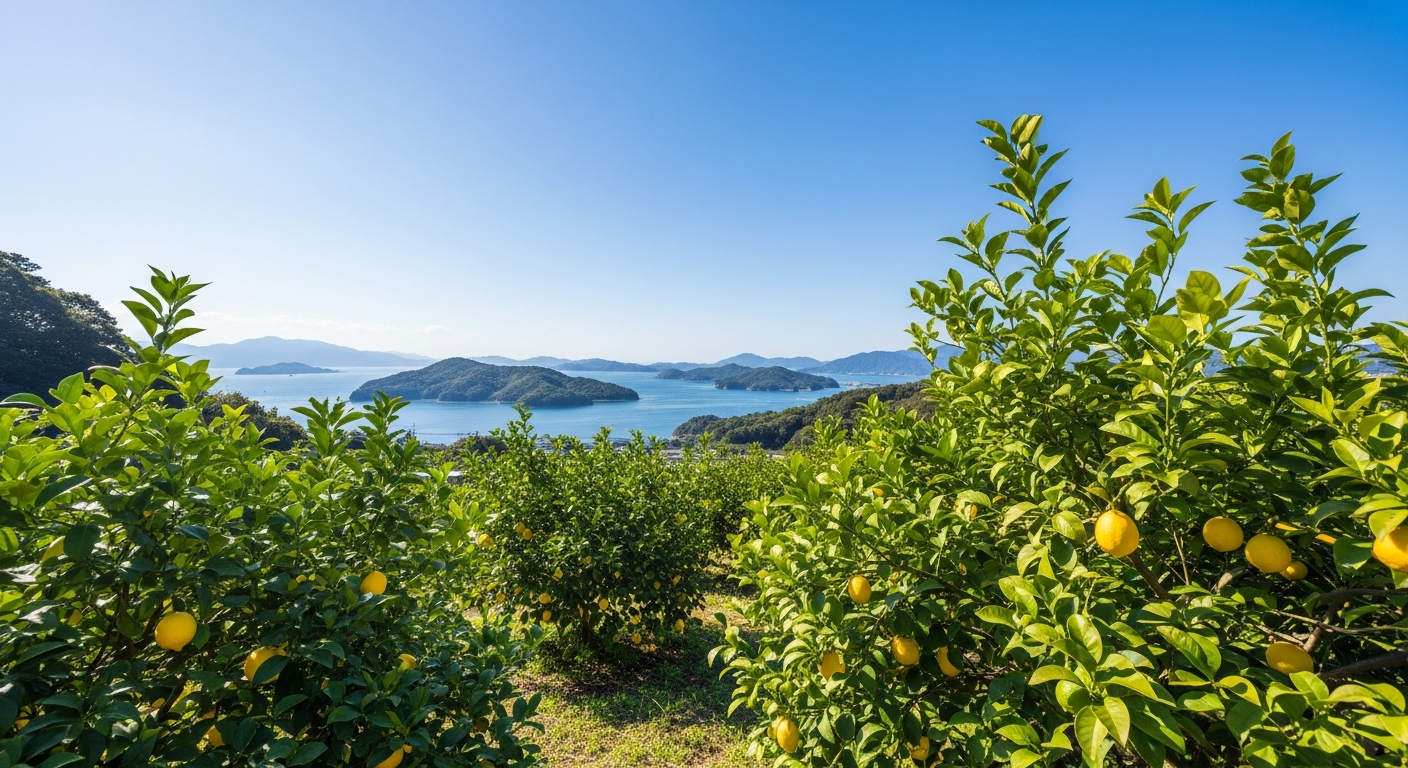 日本の温暖な地域でレモンが栽培されている農園の風景。
