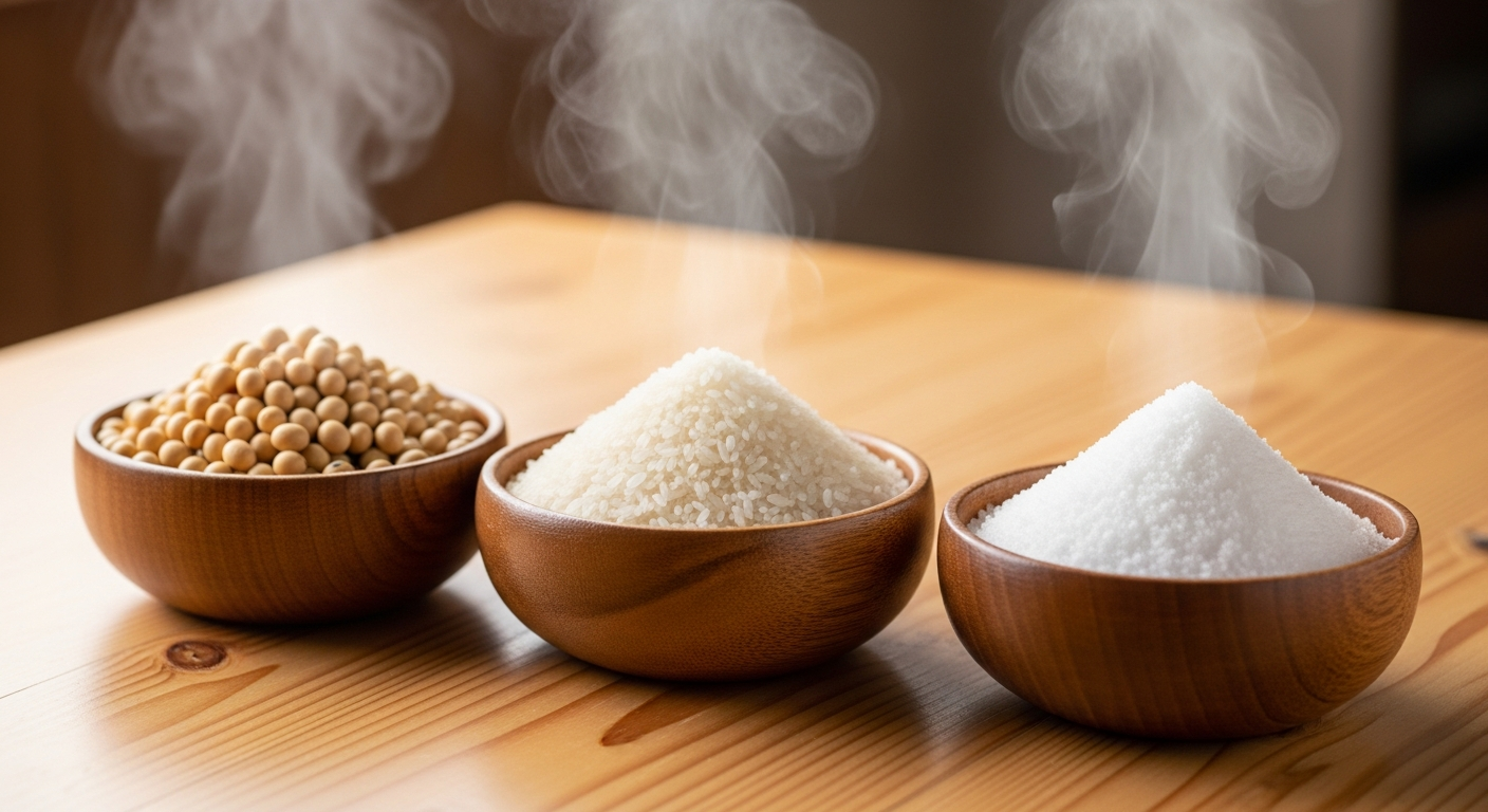 大豆、米麹、塩が木製のボウルに分けて美しく盛られている様子。