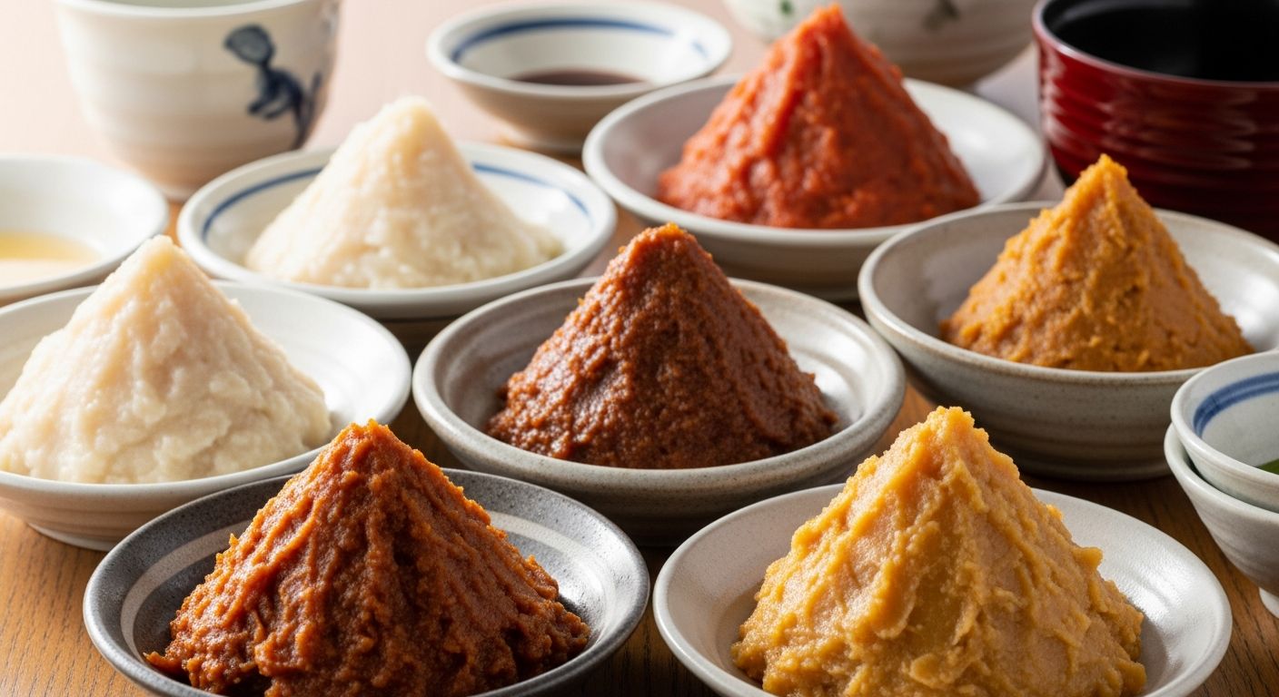 様々な種類の味噌(白味噌、赤味噌、八丁味噌、信州味噌など)が小皿に盛られて並んでいる様子。
