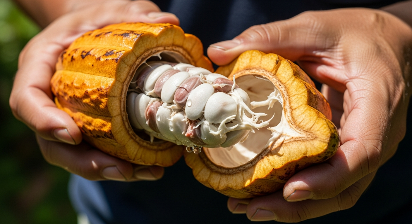 カカオポッドを手に持つ日本人農家の手元のクローズアップ。