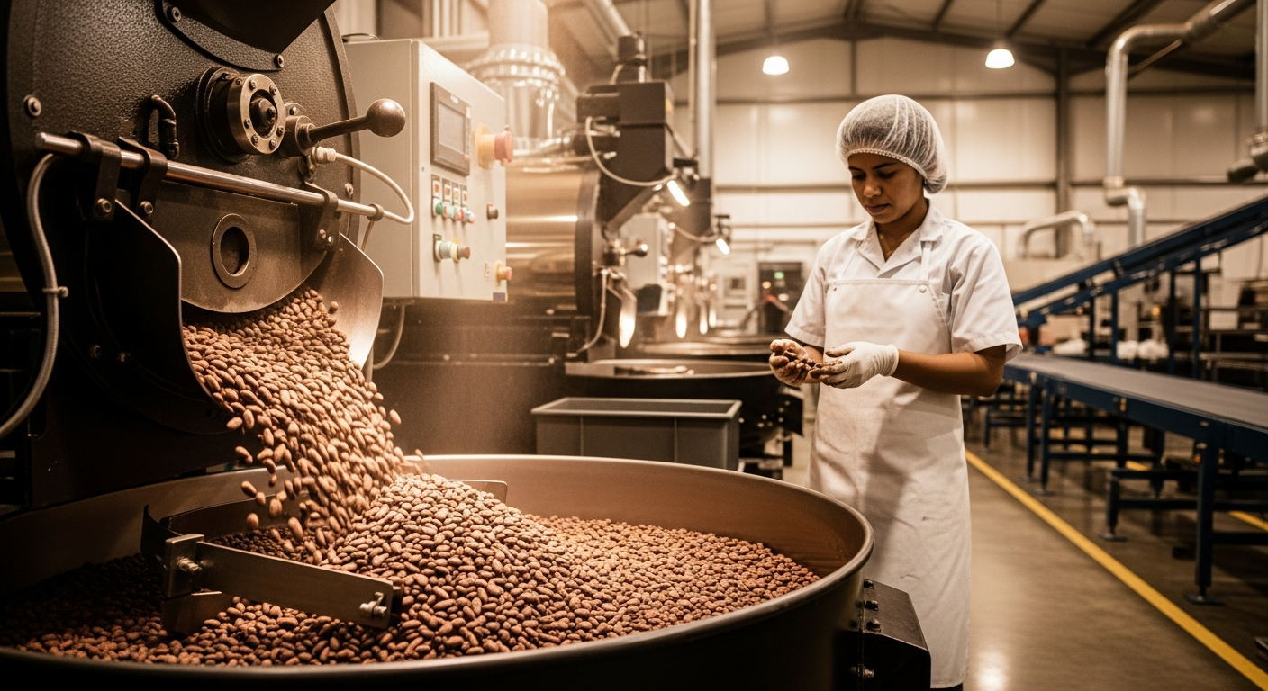 チョコレート製造工場の焙煎工程の様子。