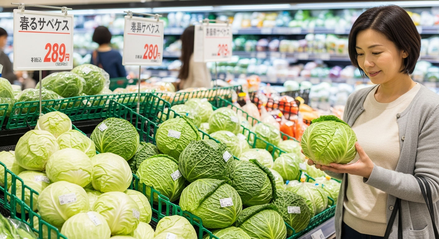 春キャベツと冬キャベツが並んで置かれているスーパーの野菜売り場、明るい照明の下で新鮮な野菜が美しく陳列されている様子。