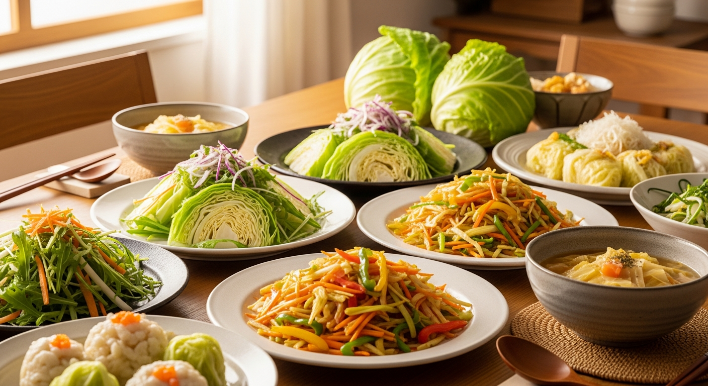 明るいキッチンでキャベツを使った様々な料理が並んでいる食卓の様子。