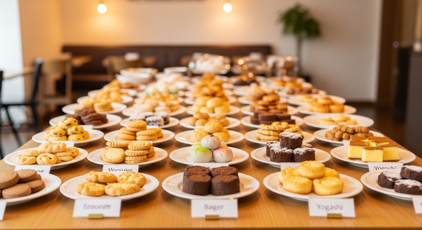 明るいカフェの雰囲気で、木製のテーブルの上に様々な種類のお菓子(クッキー、ビスケット、和菓子、洋菓子)が分類別に整然と並べられている様子。