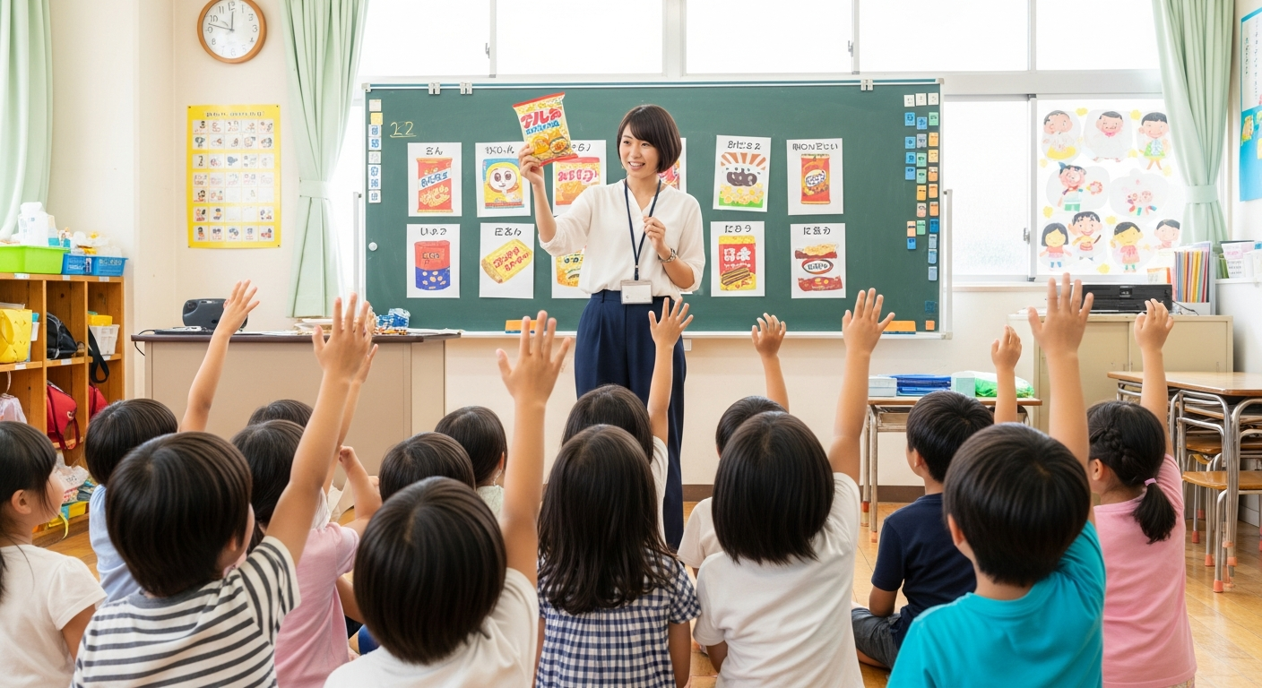 保育園や学校の教室で、20代の日本人女性教師が子どもたちの前でお菓子を使ったクイズを出している様子。