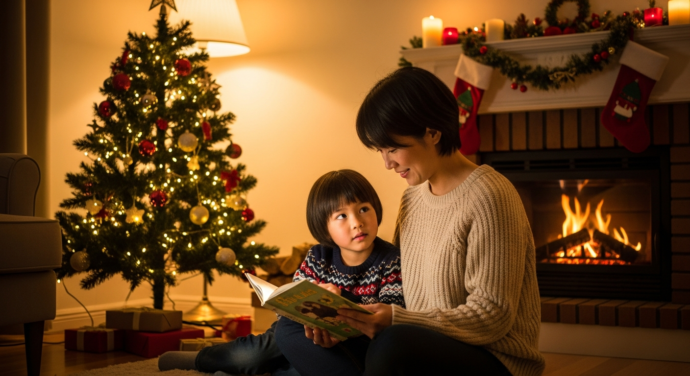 温かい家庭のリビングで、30代の日本人女性(母親)が5歳くらいの日本人の子どもと一緒にクリスマスツリーの前に座り、絵本を読んでいる様子。