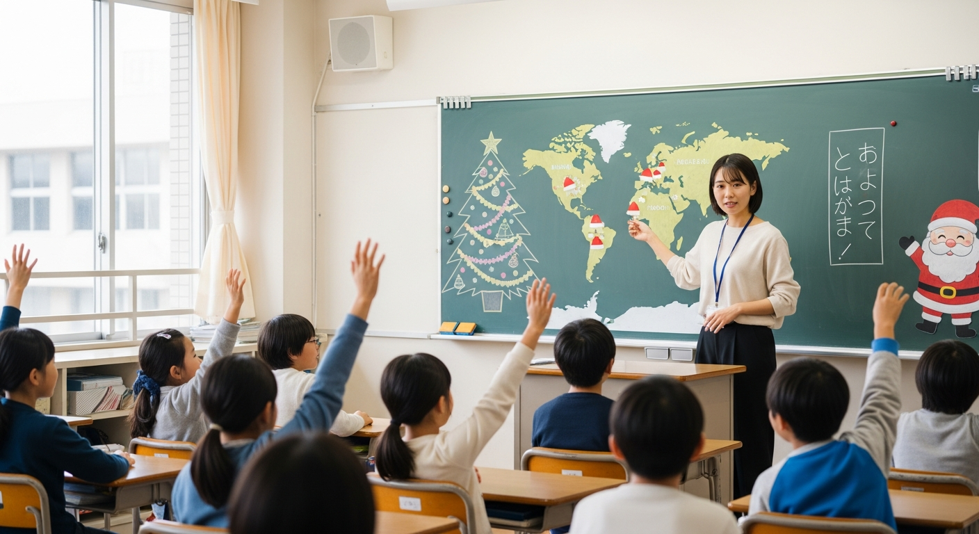 小学校の教室で、20代の日本人女性教師が黒板の前に立ち、世界地図を指しながら子どもたちにクリスマスの文化について説明している場面。