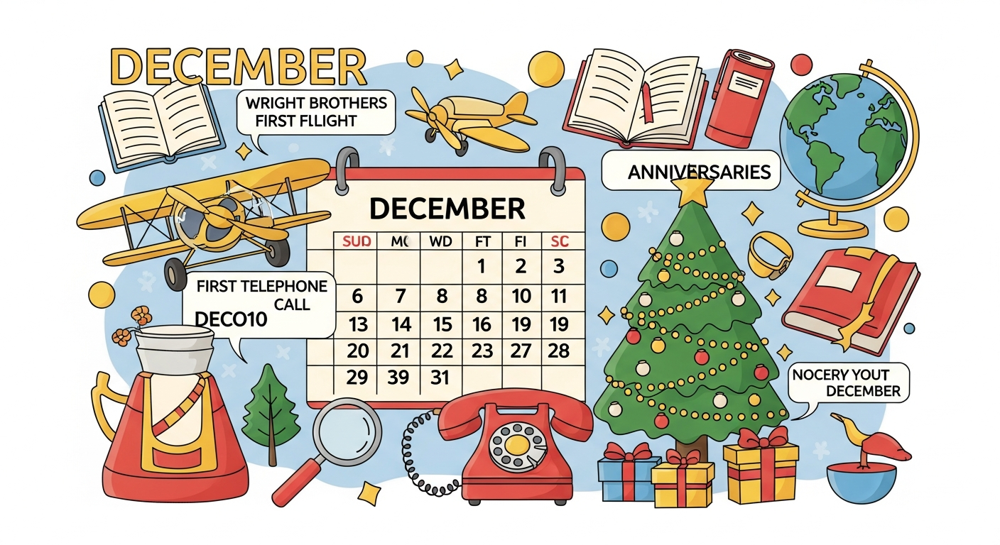 12月の記念日や雑学をテーマにした明るいイラスト風の画像。
