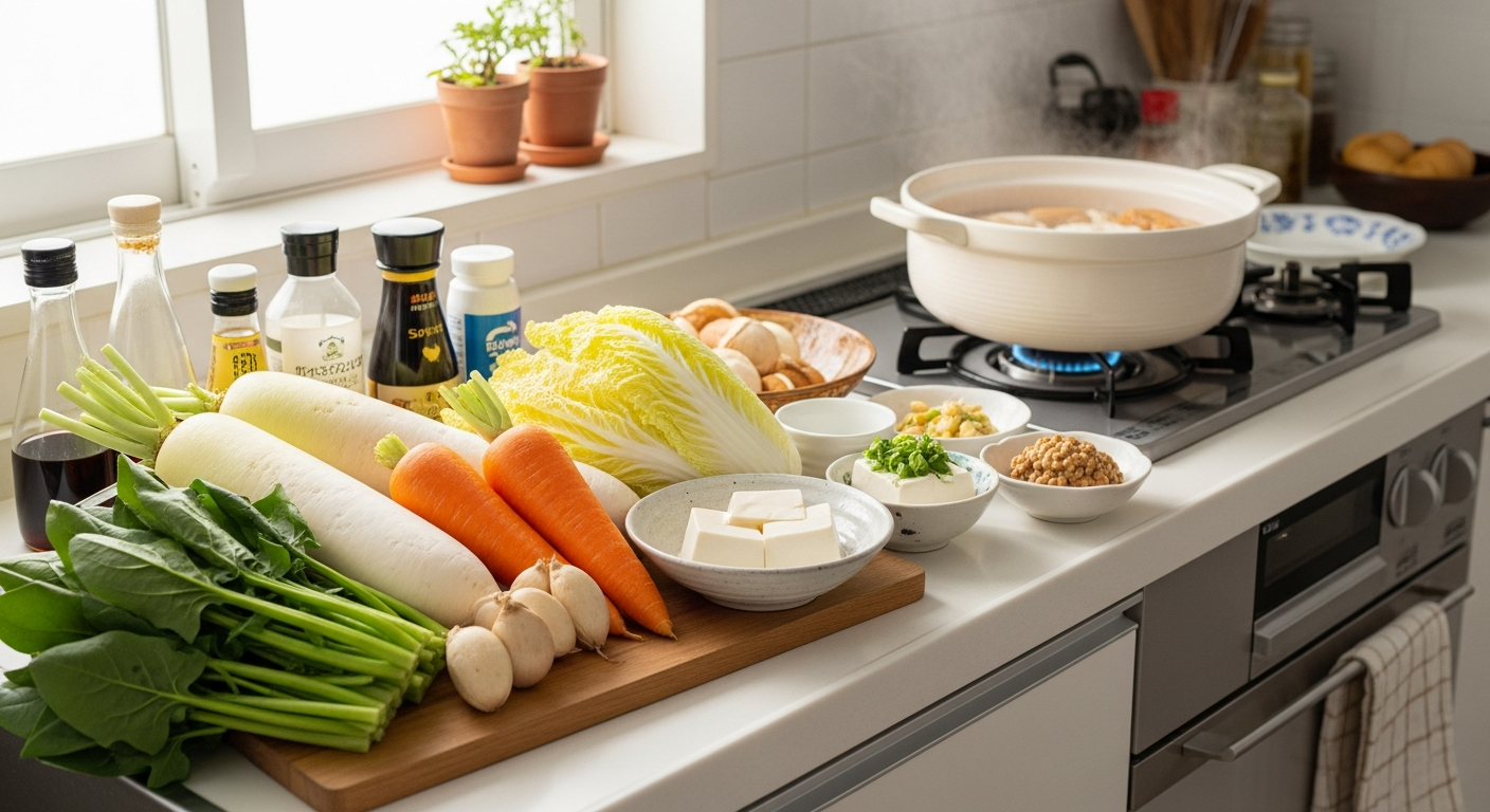 温かい食材が豊富に並んだ明るいキッチンの風景。