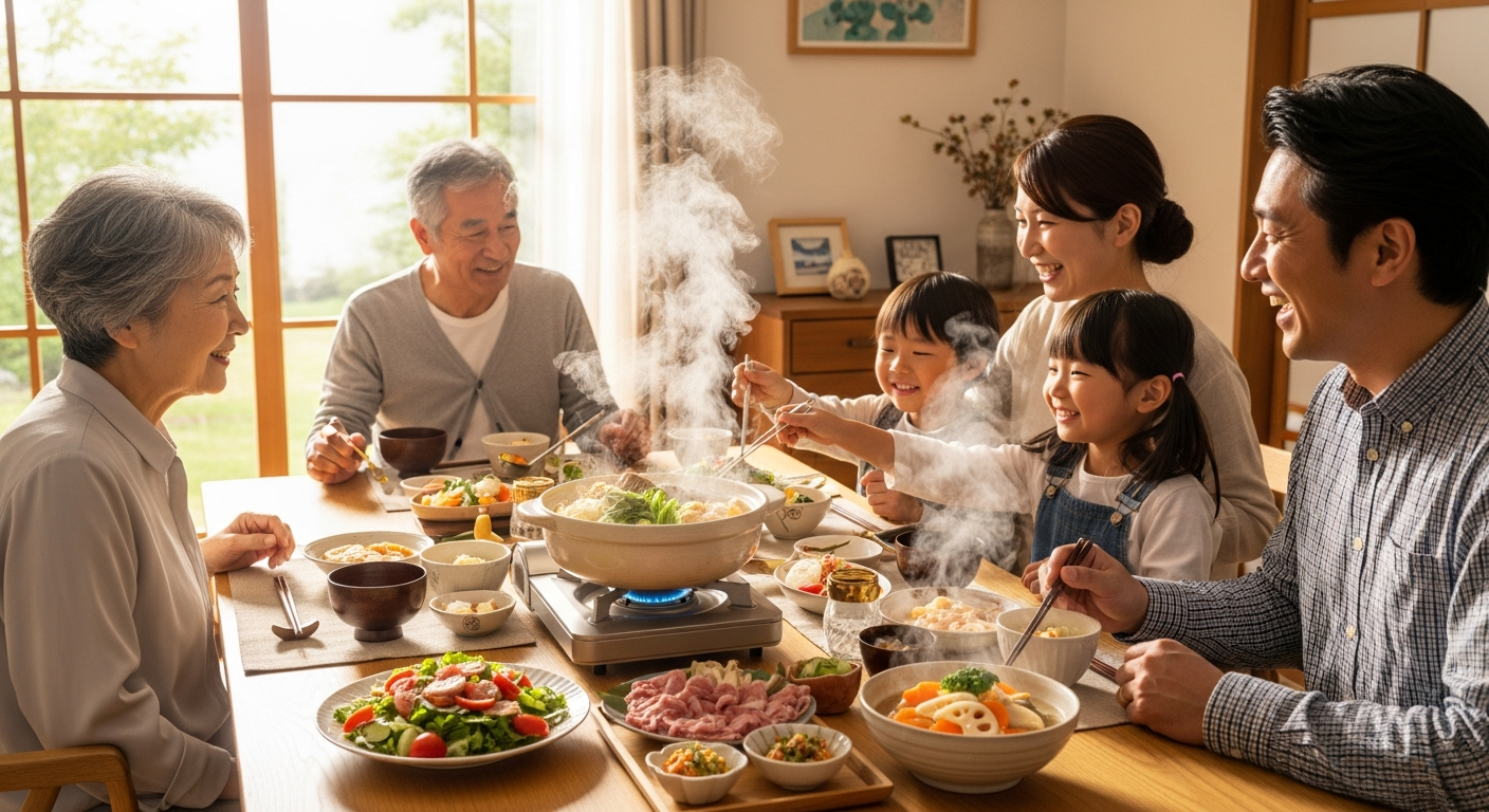 明るいダイニングルームで、日本人の家族(祖父母、両親、子供)が温かい鍋料理を囲んで楽しそうに食事をしている風景。