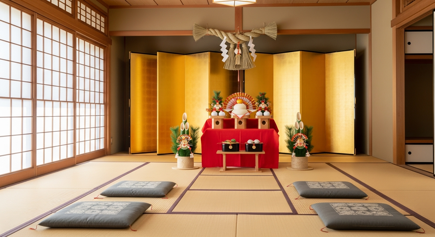 日本の伝統的な正月飾りが美しく配置された明るい室内の風景。