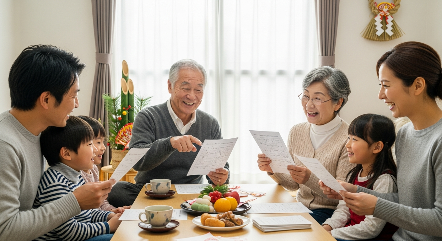 家族三世代が笑顔でお正月クイズを楽しんでいる明るいリビングの風景。