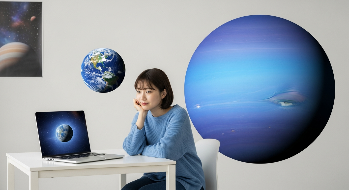 深い青色と淡い水色が混ざったリアisticな海王星を画面右側に大きく配置