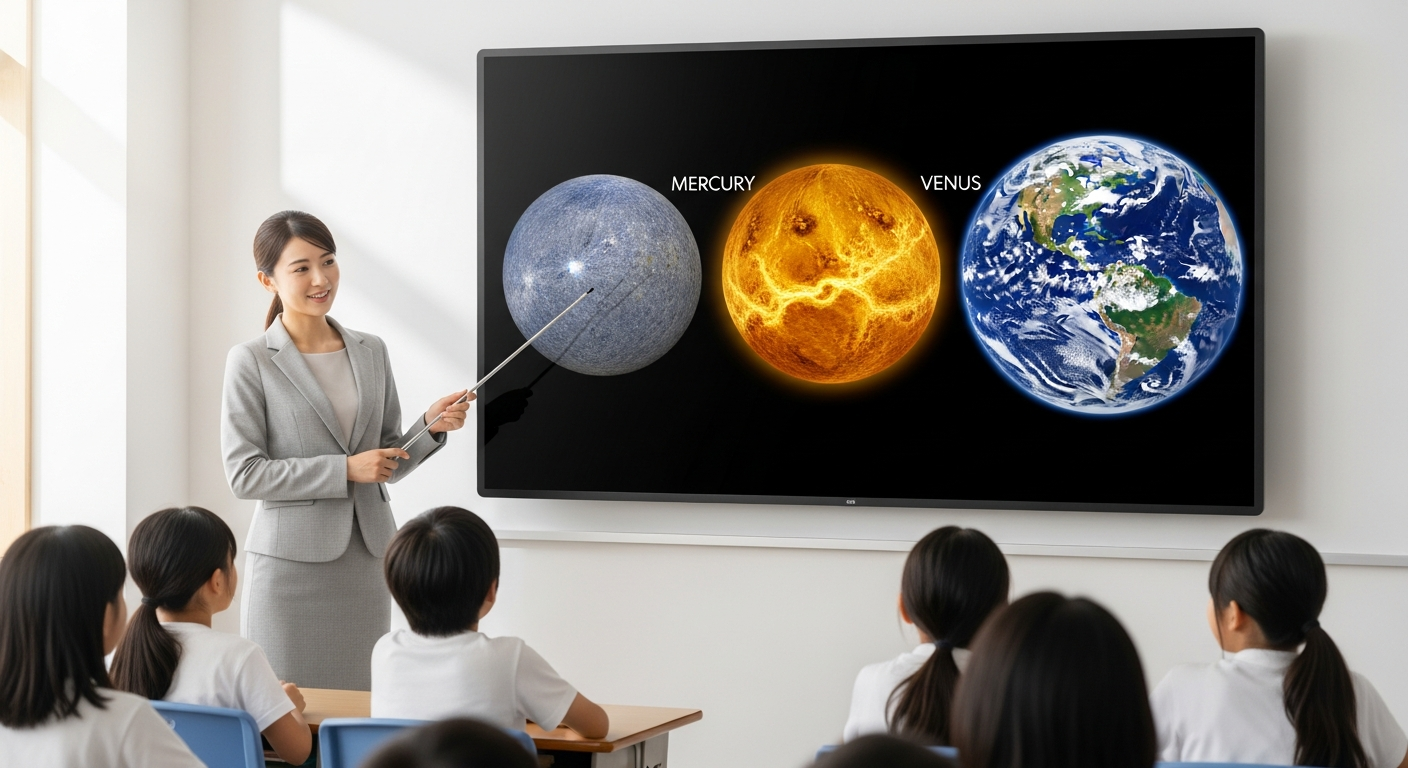 太陽系の惑星比較をテーマにした明るい色調のイラスト。