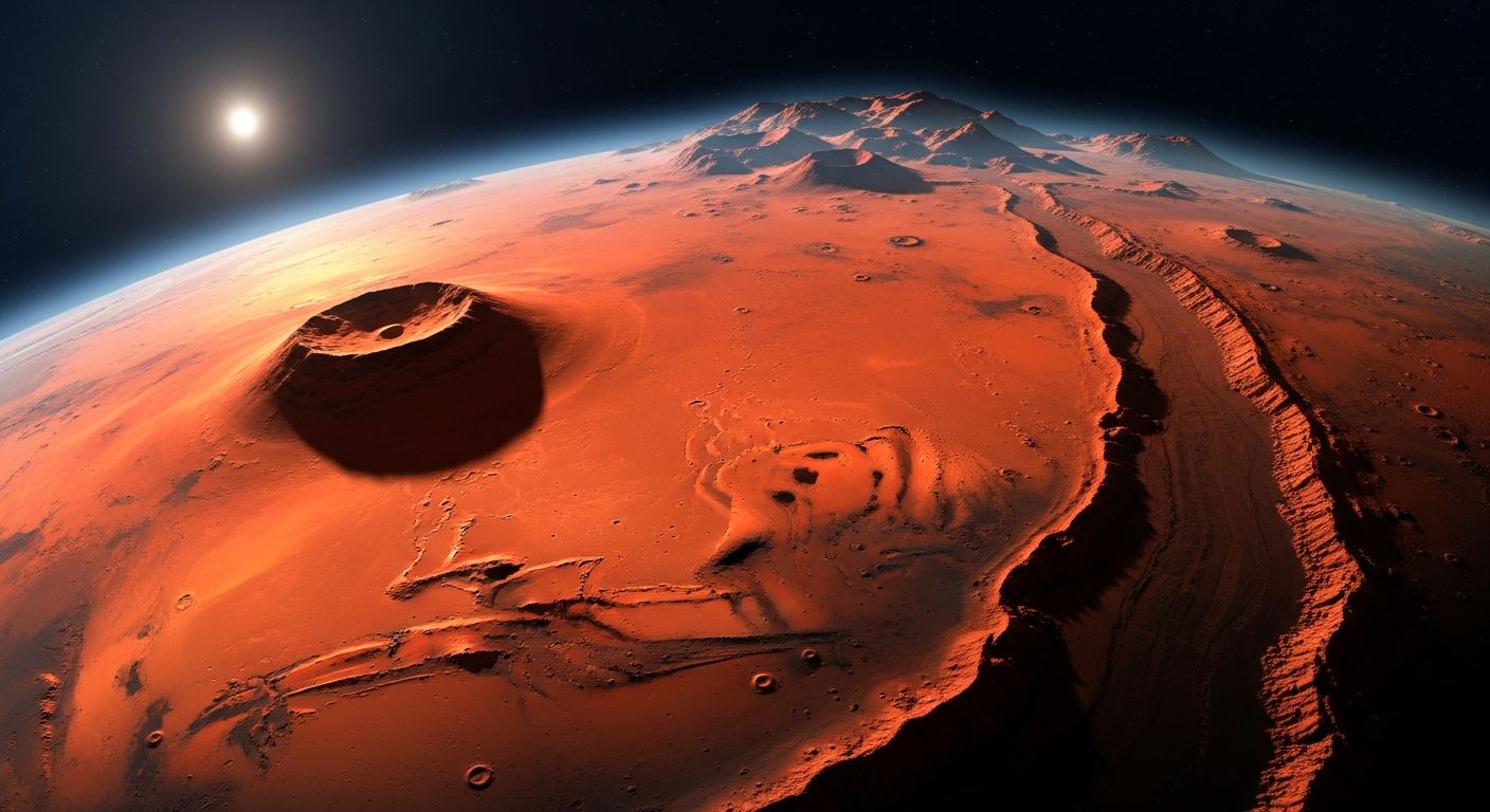 宇宙から見た火星を大きく中央に配置したイラスト風CG