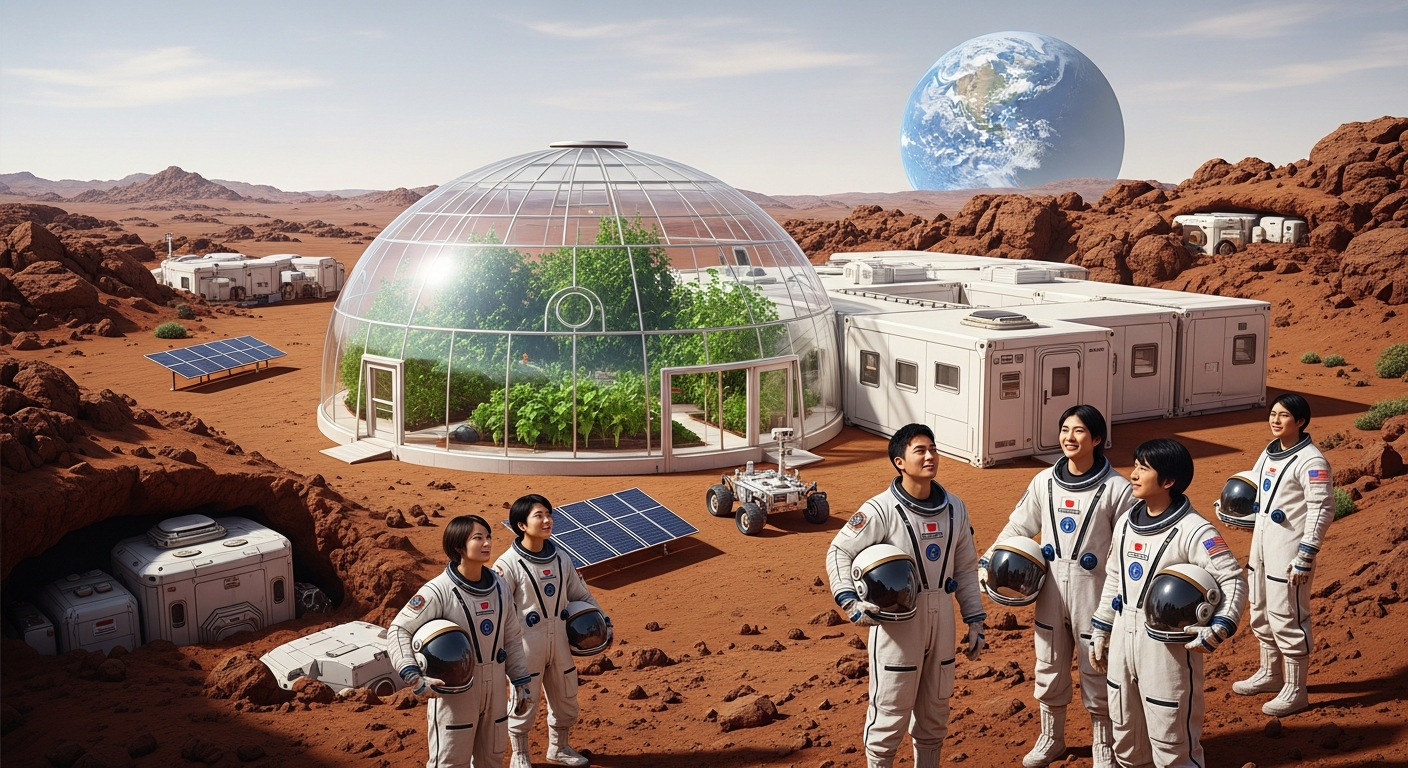 火星の地表に建つ近未来的な居住基地の全景