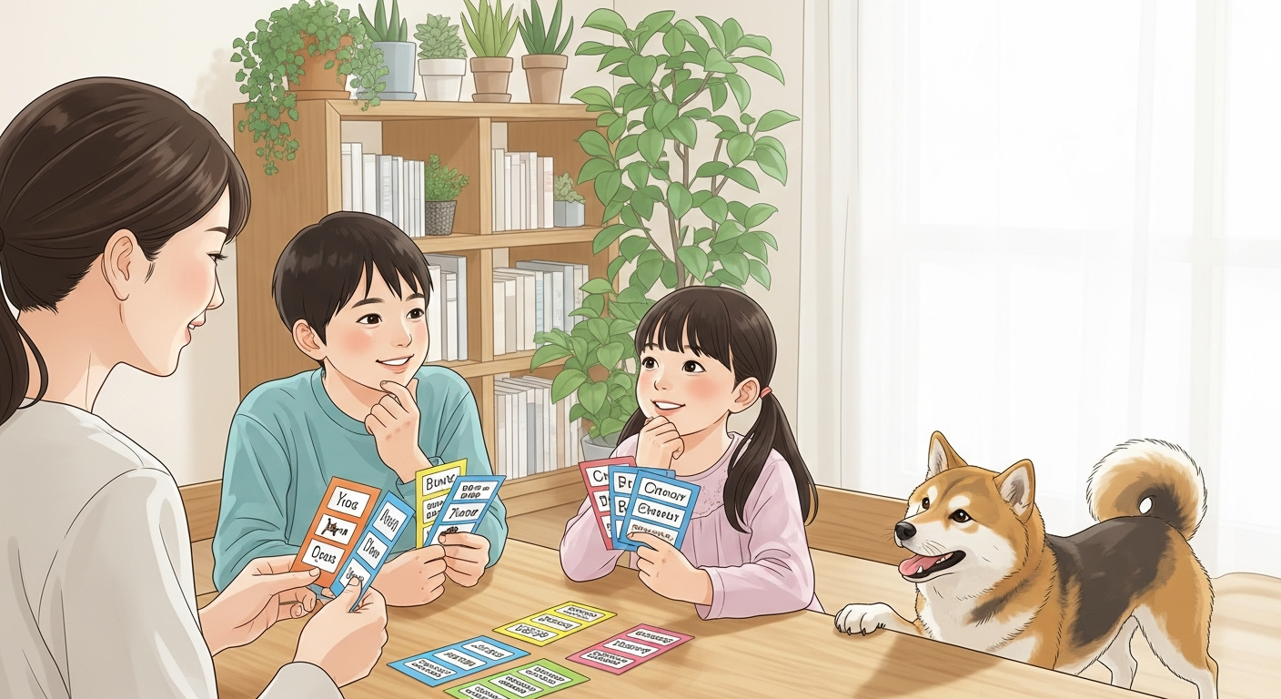 柔らかな光が入る明るいリビングで、テーブルを囲んで犬クイズを楽しむ日本人の家族の様子。