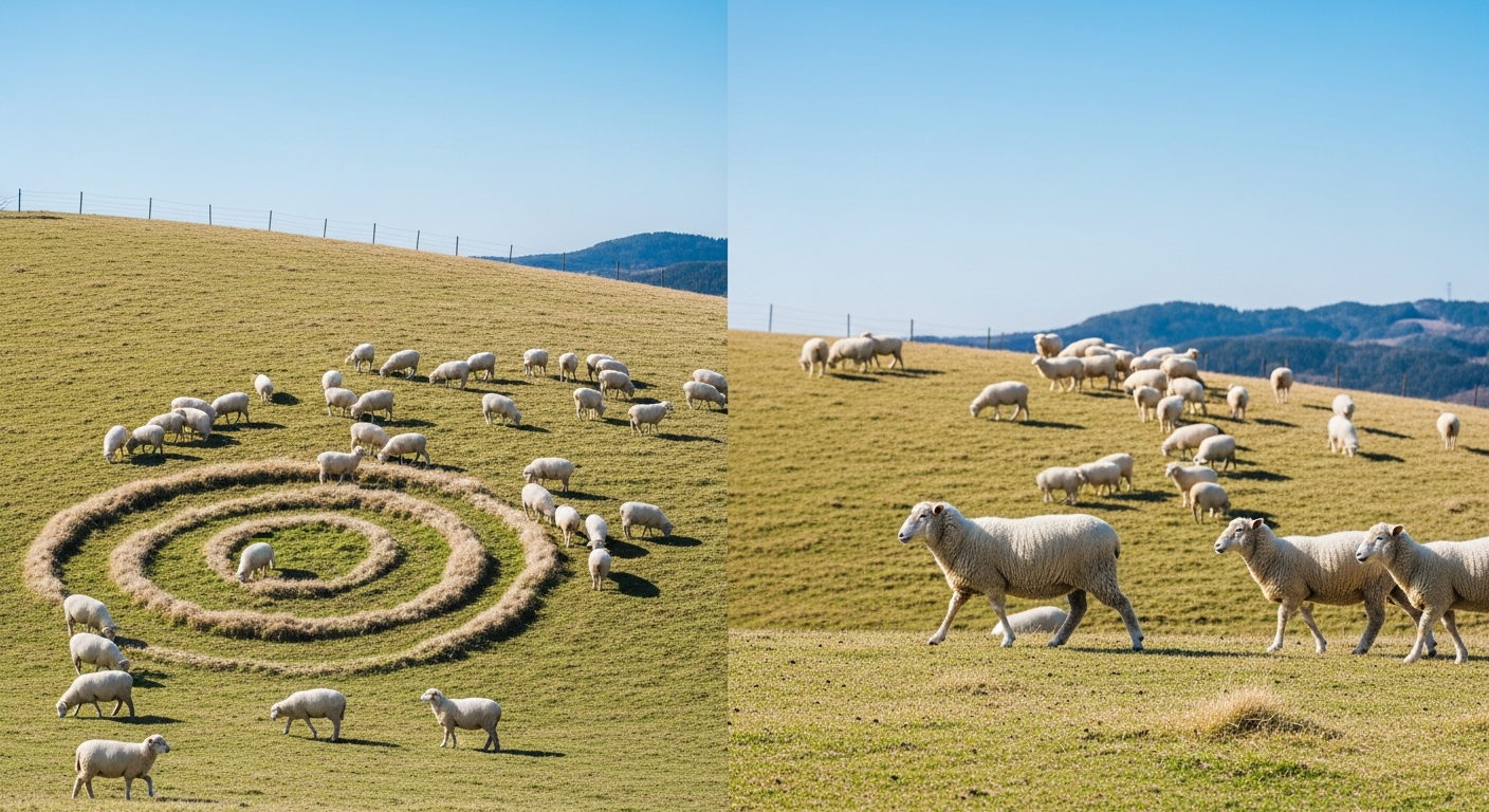 明るい日差しのさす日本の牧場の斜面で、ふわふわの白い羊たちが円や帯状に広がって草を食べている様子を描いた自然な構図。