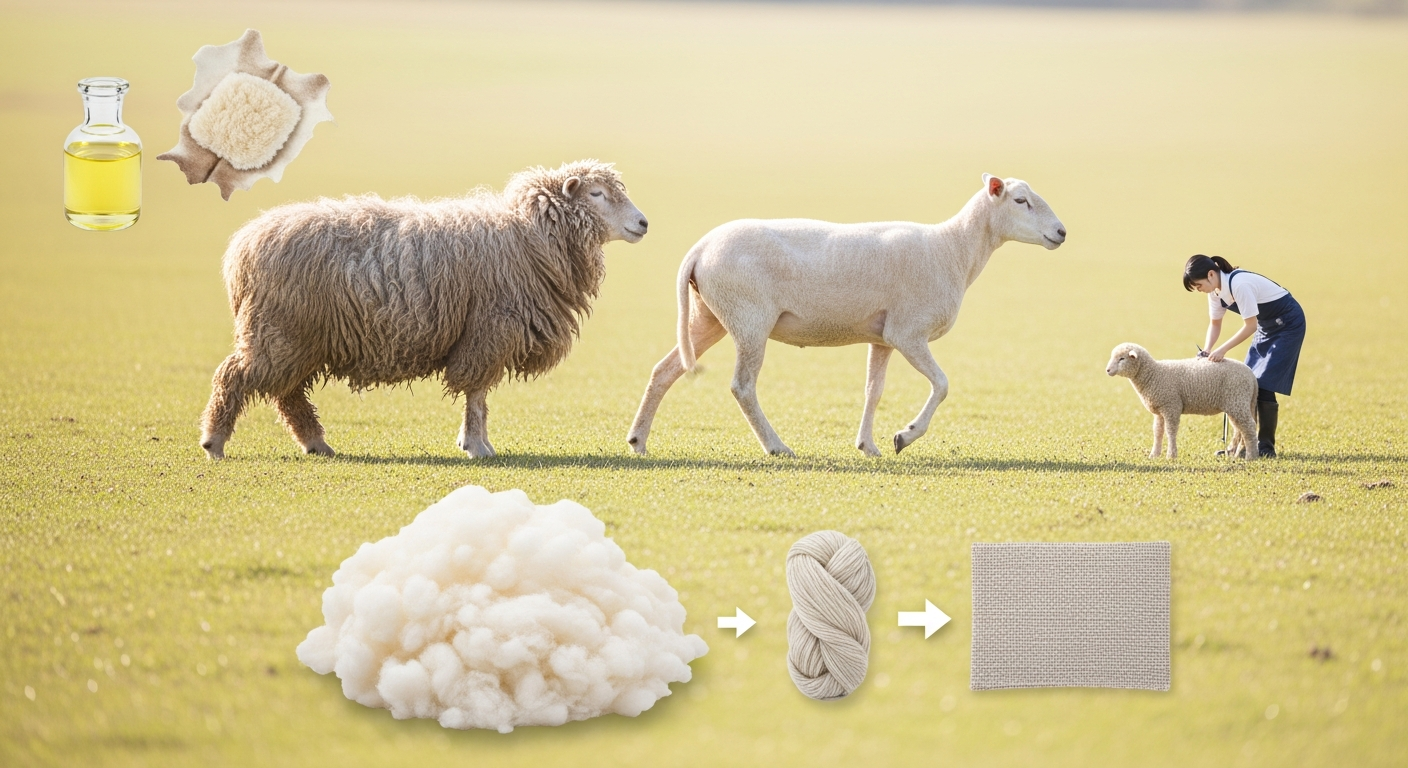 明るい日差しの差し込む牧場を背景に、もこもこと毛が伸びた羊と、毛刈りを終えてすっきり軽やかに歩く羊が並んでいる様子を自然な距離感で描く。