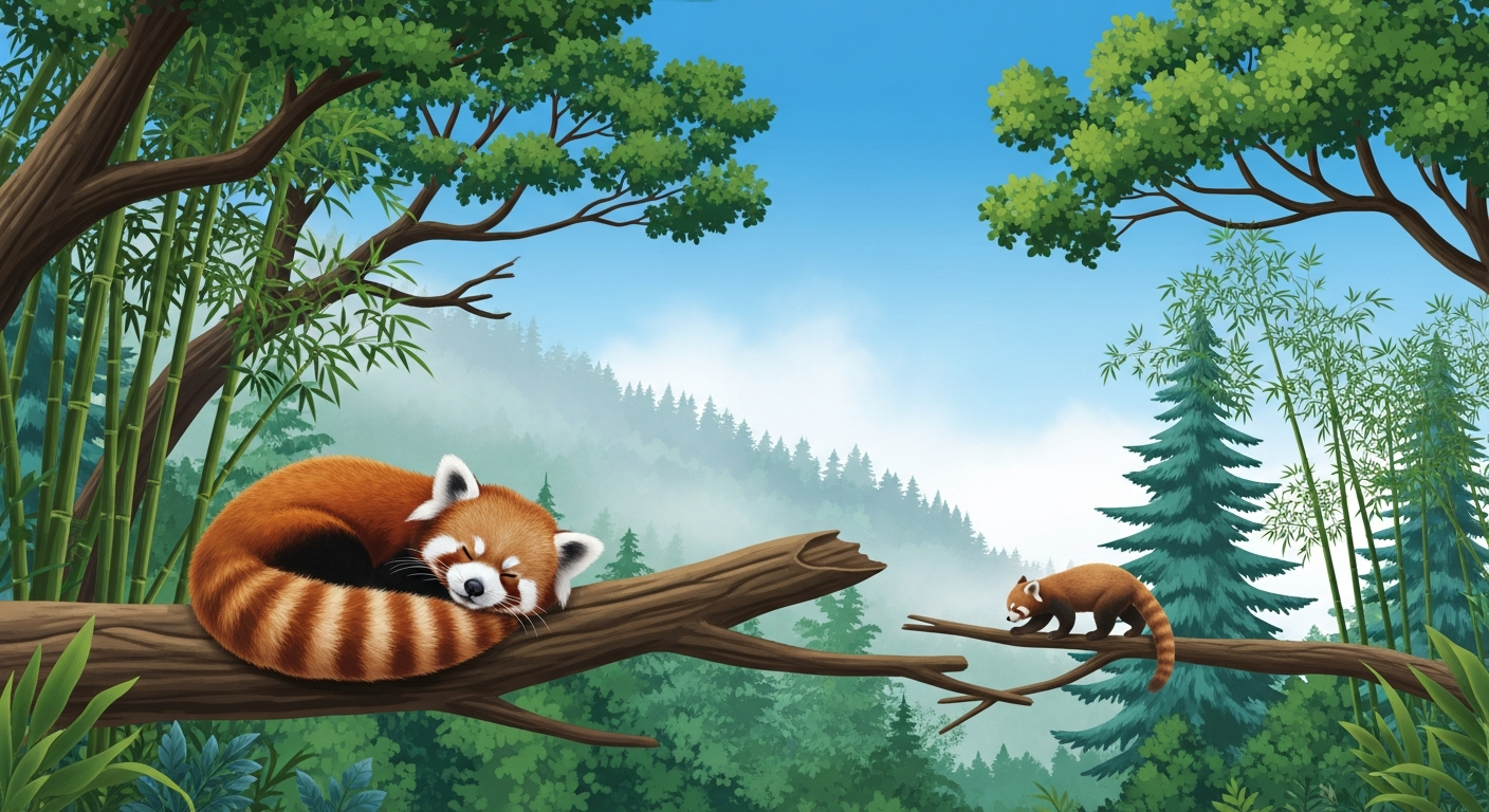 霧の立ちこめる涼しい山岳地帯の森を背景に、青空の下、竹や広葉樹・針葉樹がしっとりと茂る斜面の林 canopy を広くとらえた横長の構図。