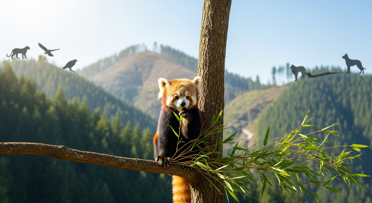 明るい色調で、山岳地帯の森林を背景に、木の枝の上で竹を食べている1頭のレッサーパンダを中心に描いた、自然な構図のイラスト。