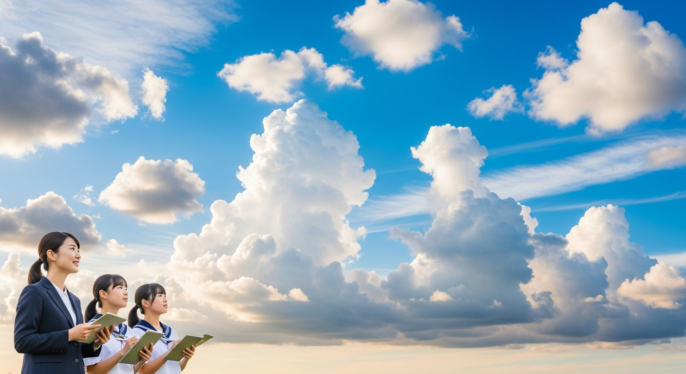 晴れた青空の下、広い空をメインに、積雲・積乱雲・層雲・巻雲など代表的な雲がわかりやすく自然に配置された風景を描く。