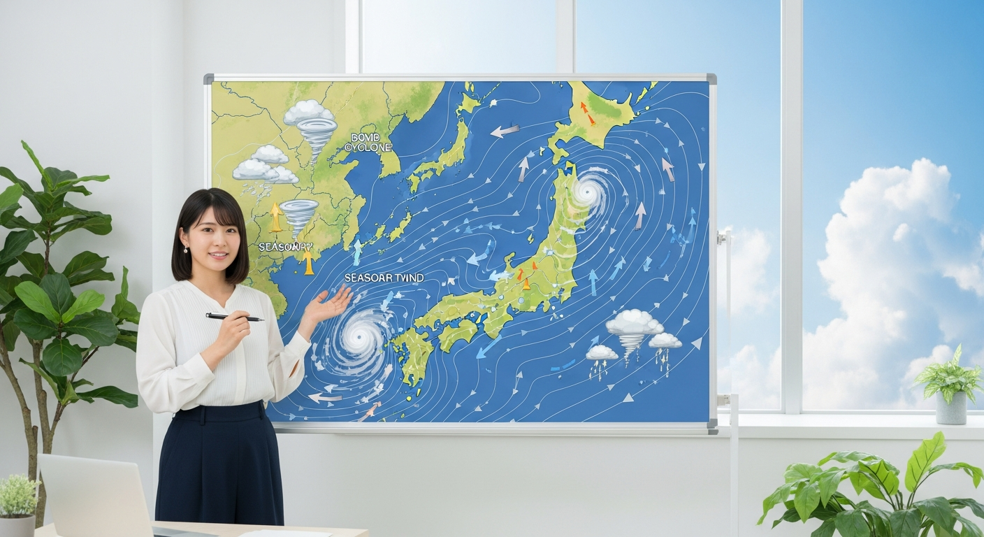 明るい昼間の色調で、日本列島の形が描かれた大きなホワイトボード風の天気図を前に、20代の日本人女性がペンを持って解説している様子。