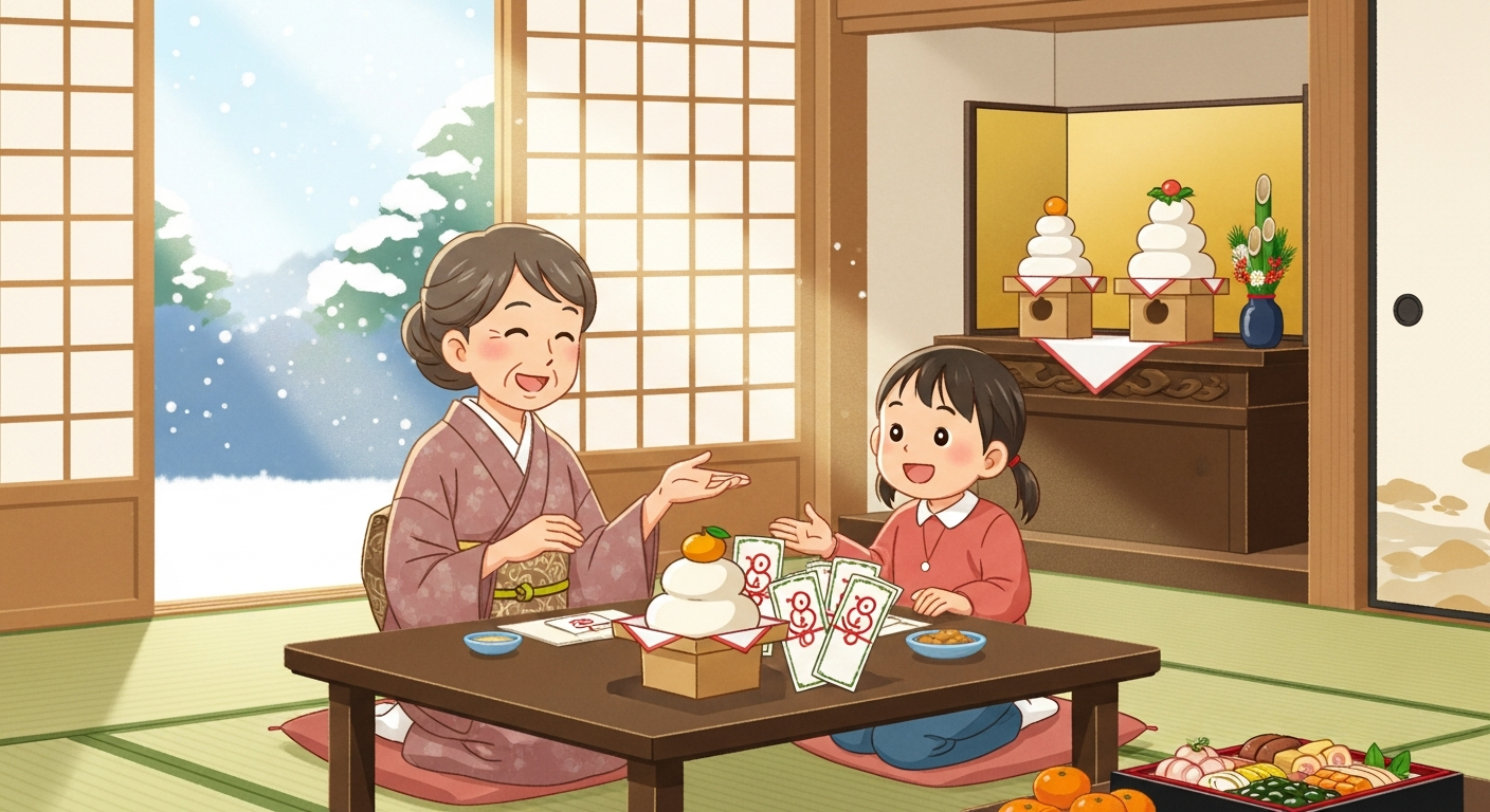 明るい色調で、正月の居間を舞台にした自然な構図のイラスト。