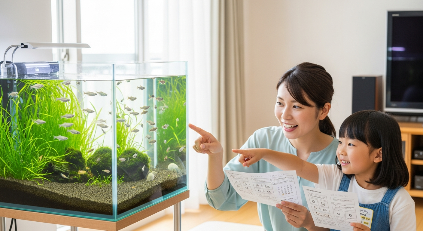 明るい室内、窓から柔らかな自然光が差し込むリビングの一角に、水草がゆらめく中型のメダカ水槽が置かれている。