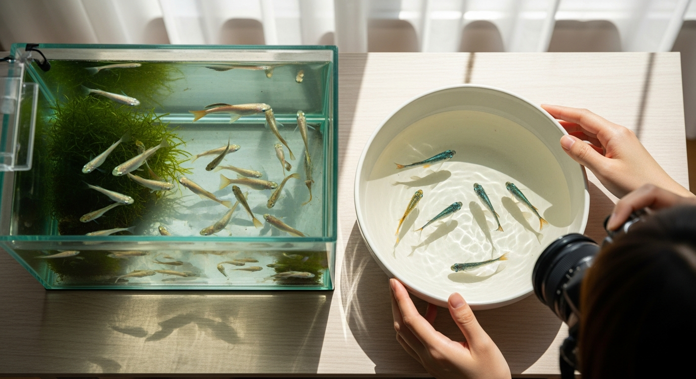 明るい日差しの差し込む室内で、小型の水槽と白い丸い水鉢が並べて置かれているテーブルの俯瞰構図。