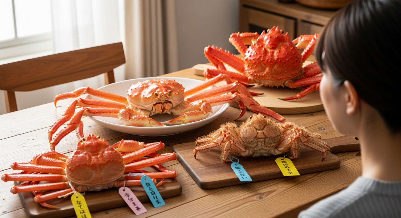 冬の食卓に並んだ、ズワイガニ（タグ付きブランドガニ）、タラバガニ、毛蟹、花咲ガニをわかりやすく比較できるイメージ。