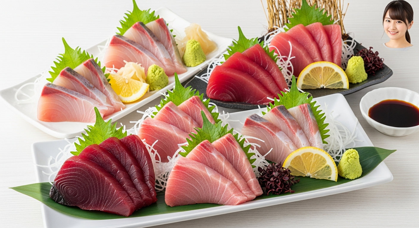 明るい木製テーブルの上に、種類ごとに美しく盛り付けられたマグロの刺身の盛り合わせが俯瞰構図で並んでいる。