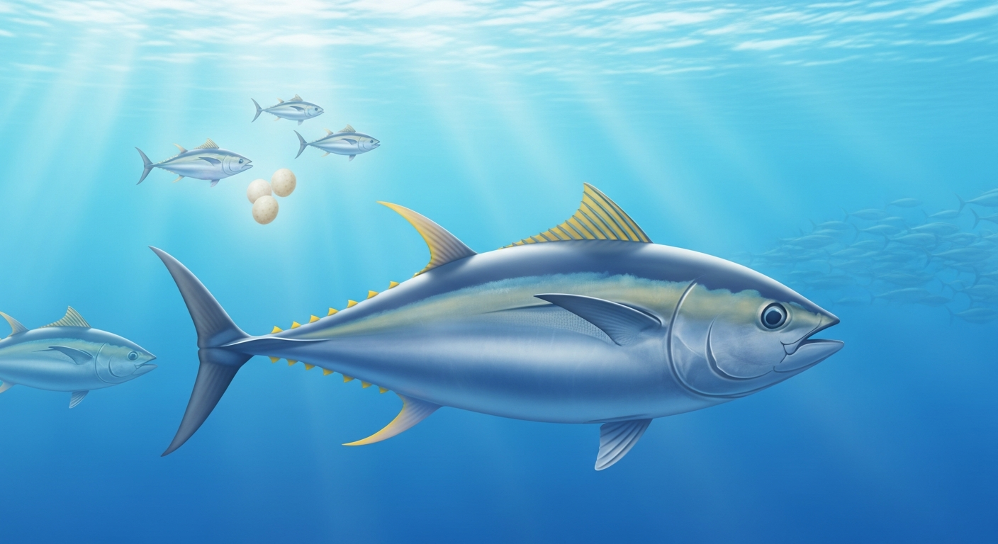 明るい色調で、透明度の高い青い海の中を、数匹のマグロが群れになって高速で泳いでいる様子を捉えた水中イラスト。