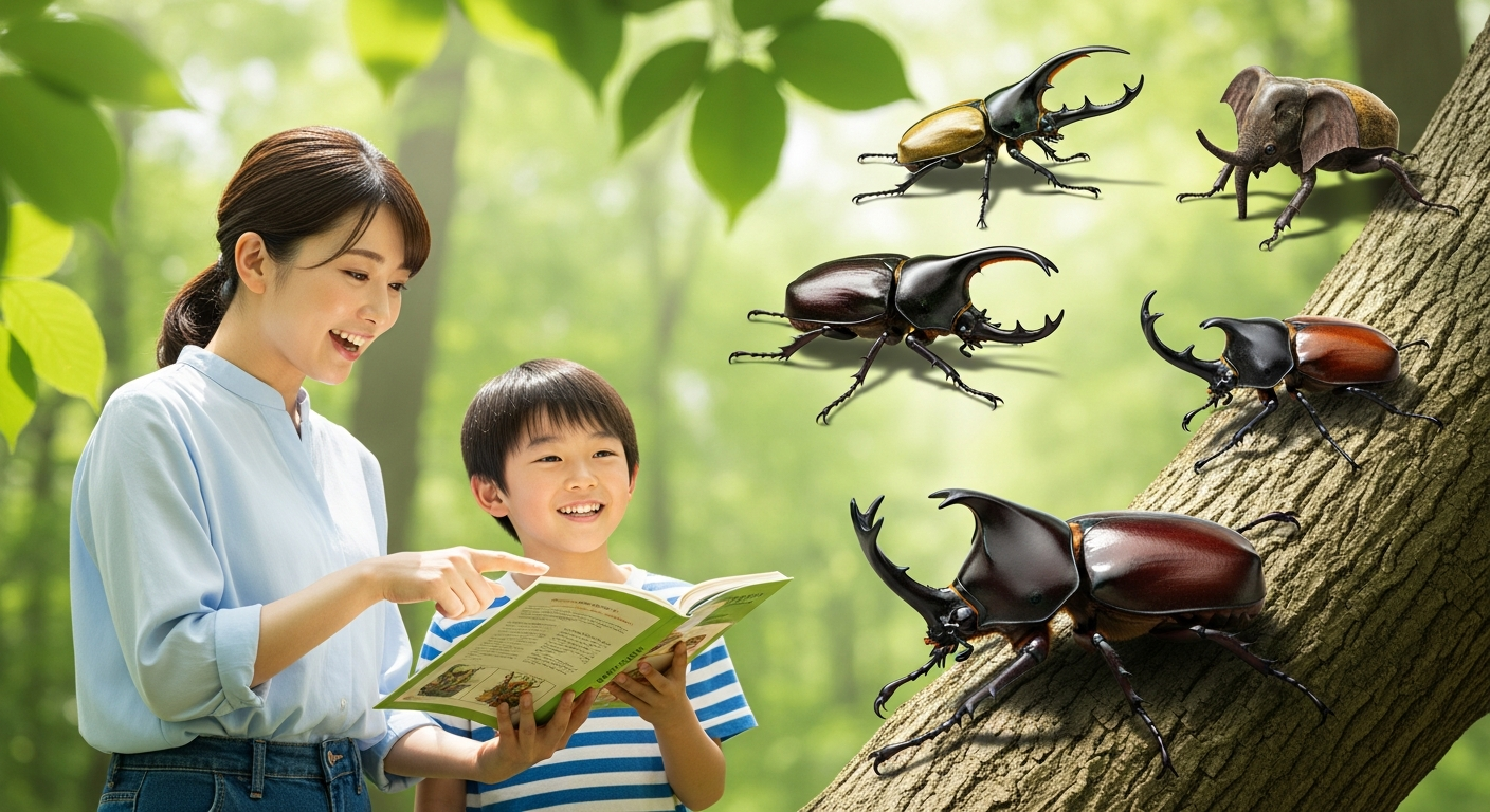 明るい夏の雑木林を背景に、木の幹にとまった国産カブトムシを大きく手前に描き、その周囲に少し奥まった位置でヘラクレスオオカブト、コーカサスオオカブト、ゾウカブトなど世界の代表的なカブトムシがサイズ感の違いを分かるように配置している。