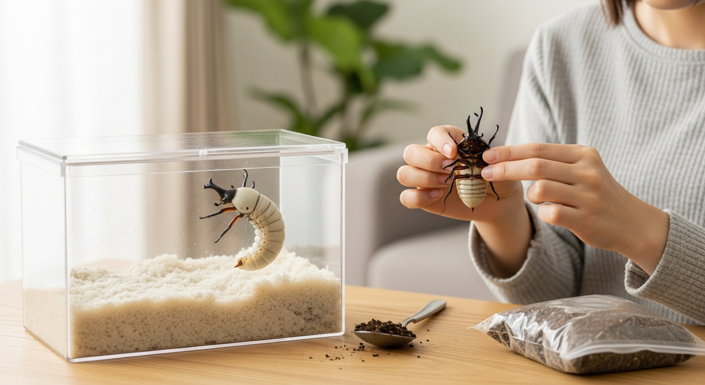 明るい屋内、木目調のテーブルの上に透明な昆虫飼育ケースが置かれ、中にはふかふかの発酵マット（土）がたっぷり敷かれ、太く白いカブトムシの三齢幼虫がゆっくり体をくねらせている様子。