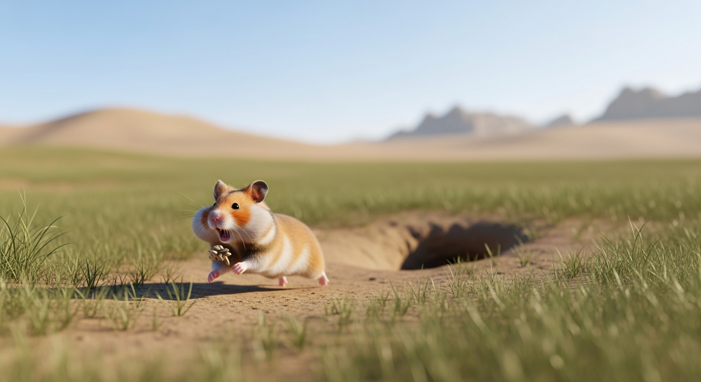 明るい色調で、シリアや中央アジア風の乾いた草原～半砂漠の夕方の風景。