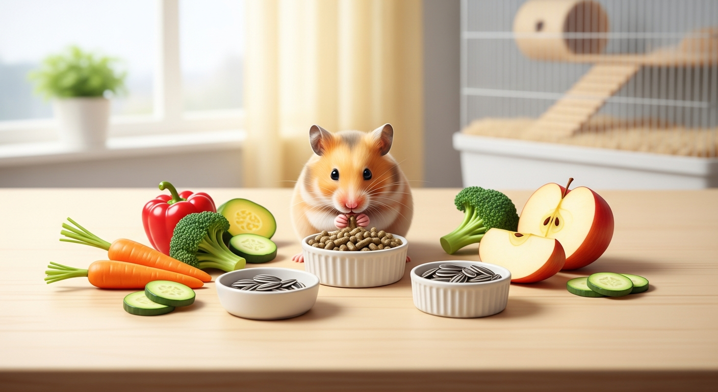 明るい色調で、木目のテーブルの上にハムスター用の健康的な食事をわかりやすく並べたイラスト。