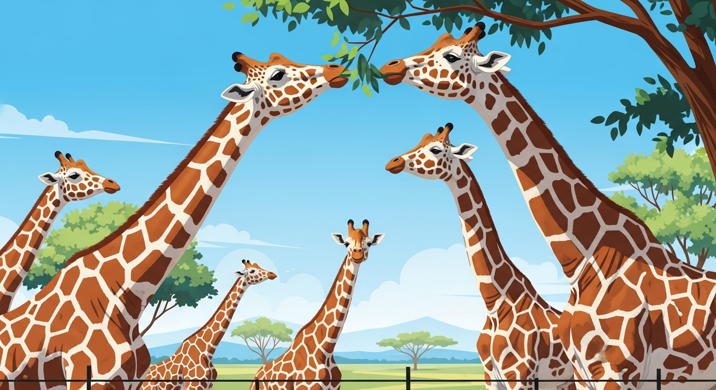 明るい昼の動物園で、柵の向こうに立つ数頭のキリンを、手前から見上げるような自然なアングルで描いたイラスト。