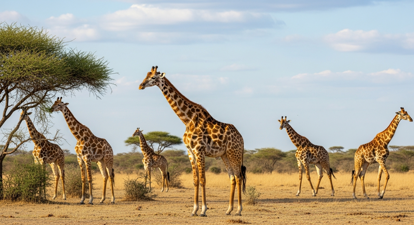 明るい日差しの下のアフリカのサバンナを背景に、数頭のキリンが立ったままうとうとしている様子を自然な距離感で切り取った横長構図。